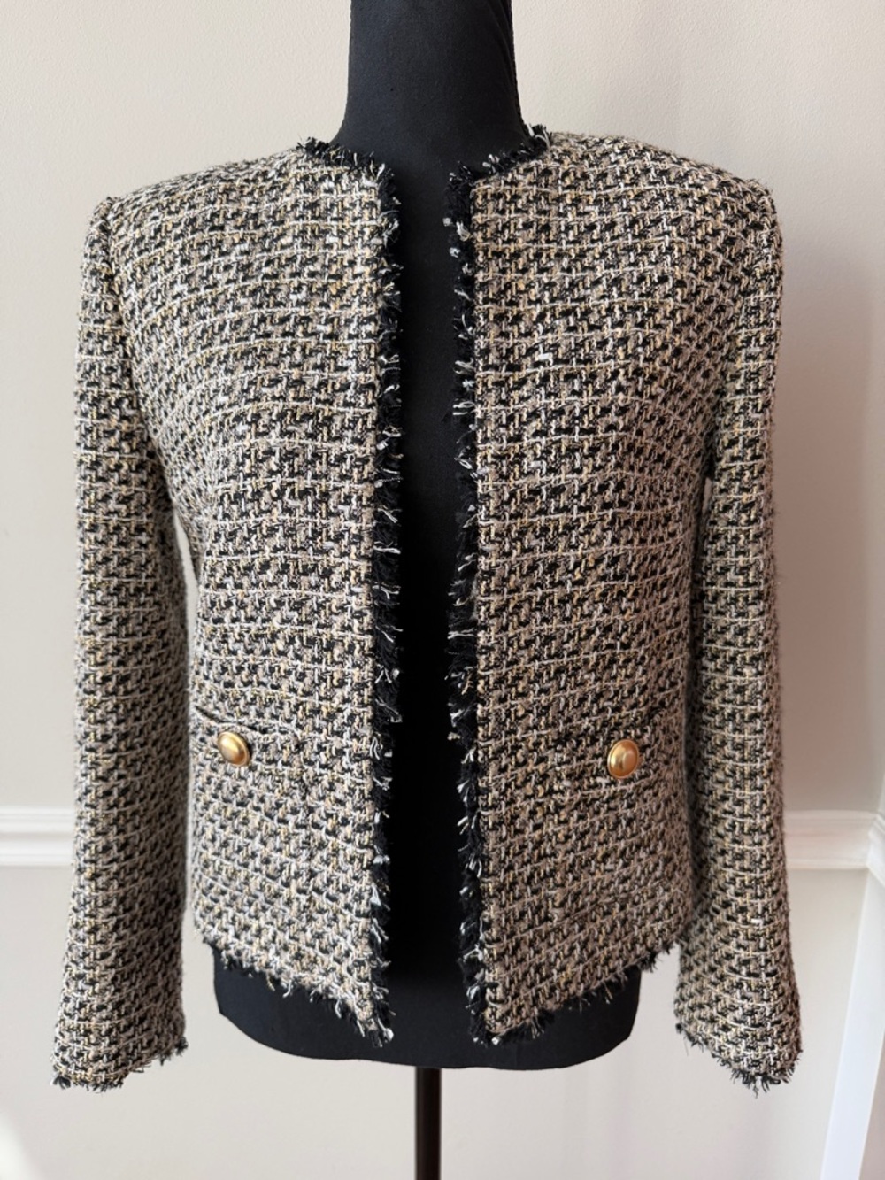 EXPRESS Classic Tweed Open-Front Jacket in Black & Cream NWT $158